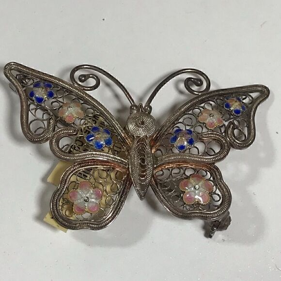 Jewelry - STERLING SILVER filigree & Enamel butterfly brooch